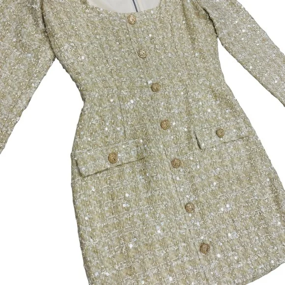 Gianni Bini Lissy Sequin Tweed Long Sleeve Button Front Mini Dress Champagne NEW - Picture 8 of 16